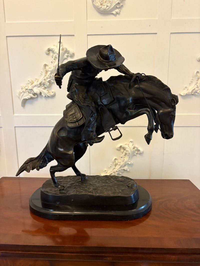 Antique Large Bronze Cowboy On Bucking Horse Sculpture After Remington Broncho Buster Western Equestrian Figure