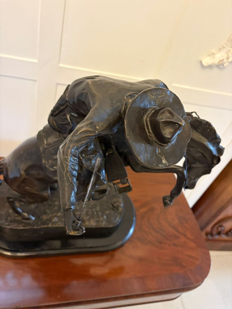 Antique Large Bronze Cowboy On Bucking Horse Sculpture After Remington Broncho Buster Western Equestrian Figure - Image 3
