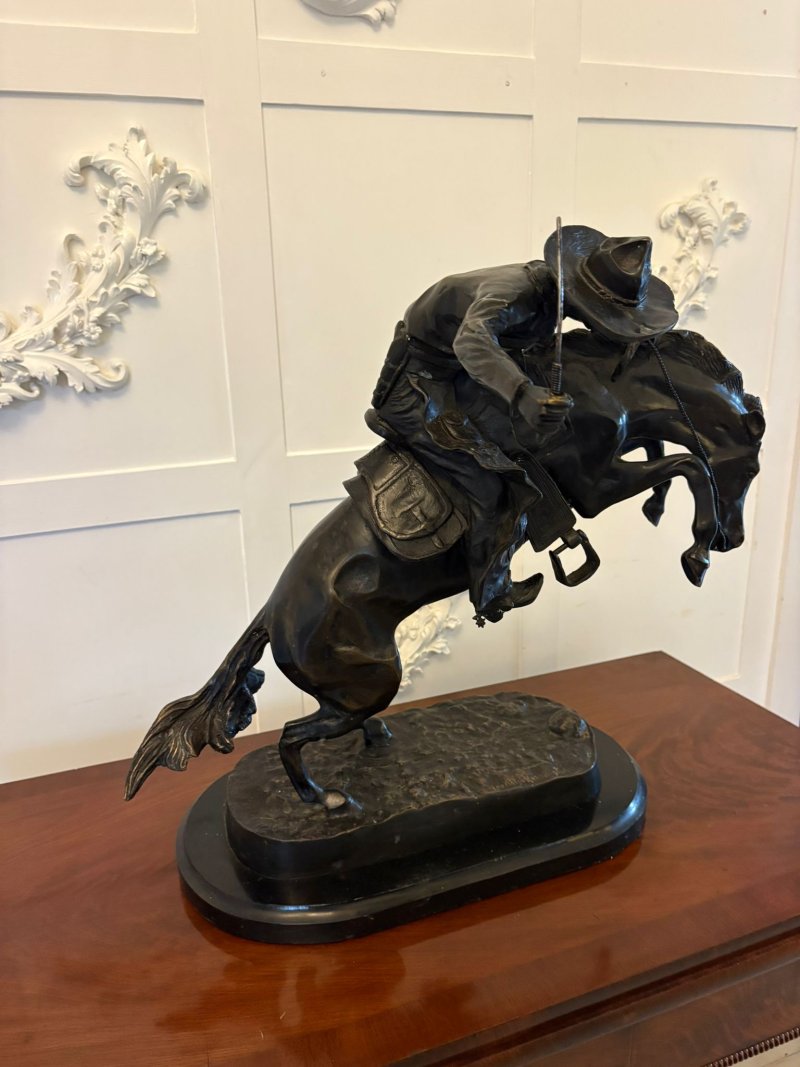 Antique Large Bronze Cowboy On Bucking Horse Sculpture After Remington Broncho Buster Western Equestrian Figure - Image 5