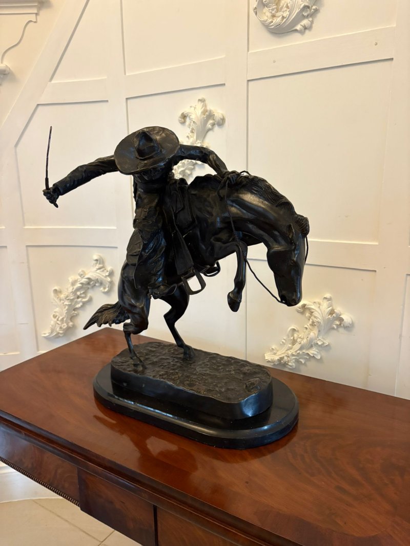 Antique Large Bronze Cowboy On Bucking Horse Sculpture After Remington Broncho Buster Western Equestrian Figure - Image 8