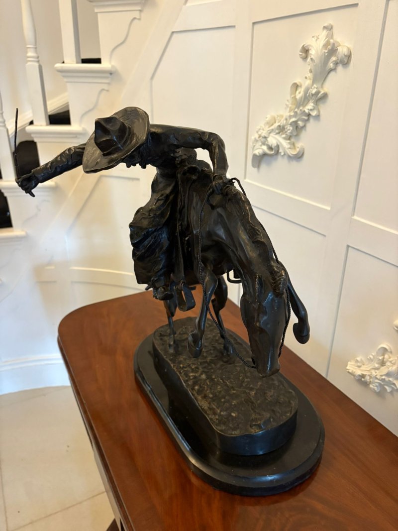 Antique Large Bronze Cowboy On Bucking Horse Sculpture After Remington Broncho Buster Western Equestrian Figure - Image 4