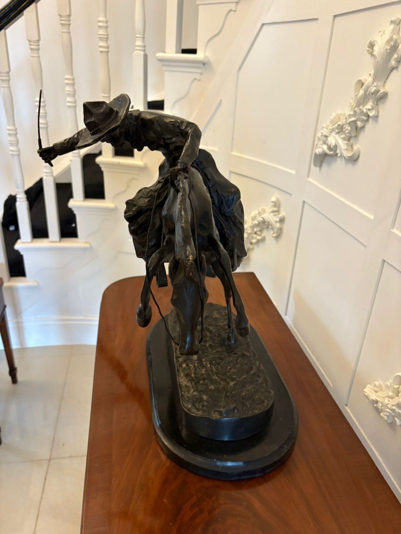Antique Large Bronze Cowboy On Bucking Horse Sculpture After Remington Broncho Buster Western Equestrian Figure - Image 11