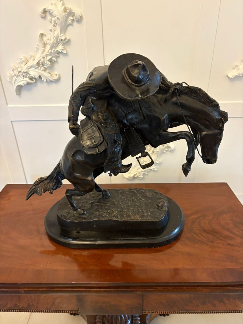 Antique Large Bronze Cowboy On Bucking Horse Sculpture After Remington Broncho Buster Western Equestrian Figure - Image 12