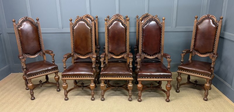 Set of 8 Carved Oak High Back Chairs - Image 2