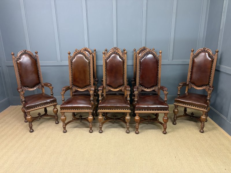 Set of 8 Carved Oak High Back Chairs - Image 17