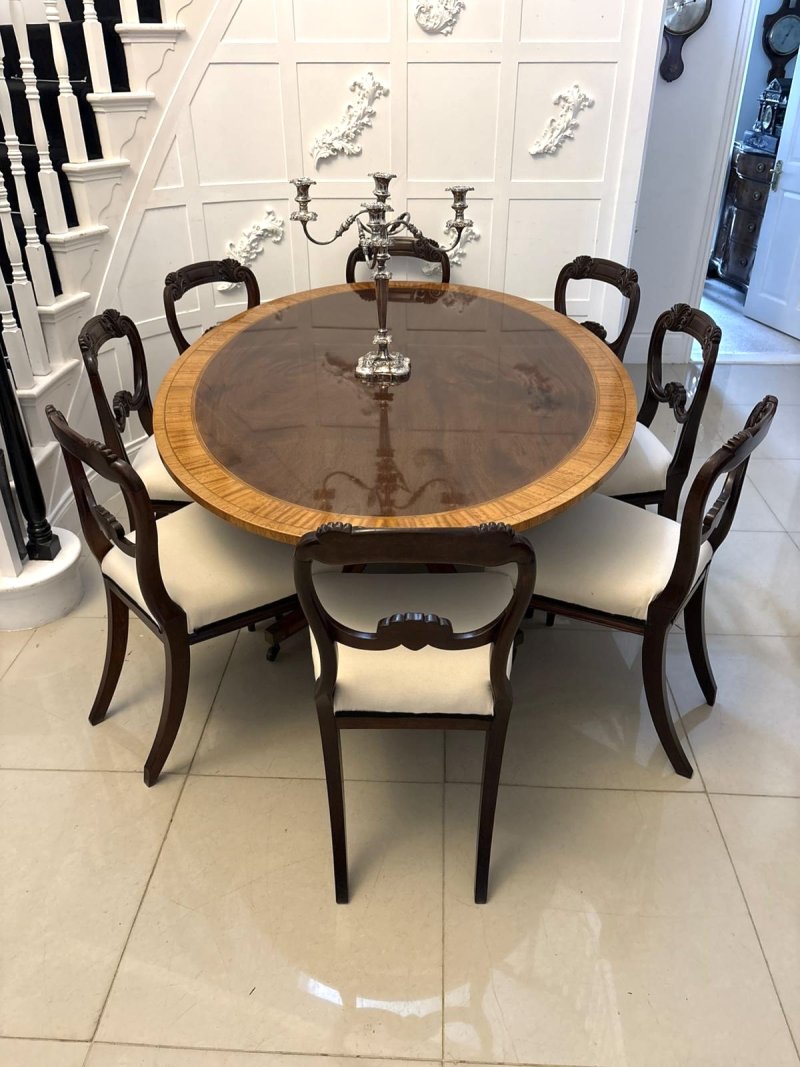 Antique Regency Style Figured Mahogany Oval Dining Table Satinwood Crossbanded 8 Seater - Image 4