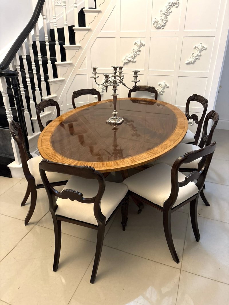 Antique Regency Style Figured Mahogany Oval Dining Table Satinwood Crossbanded 8 Seater - Image 3