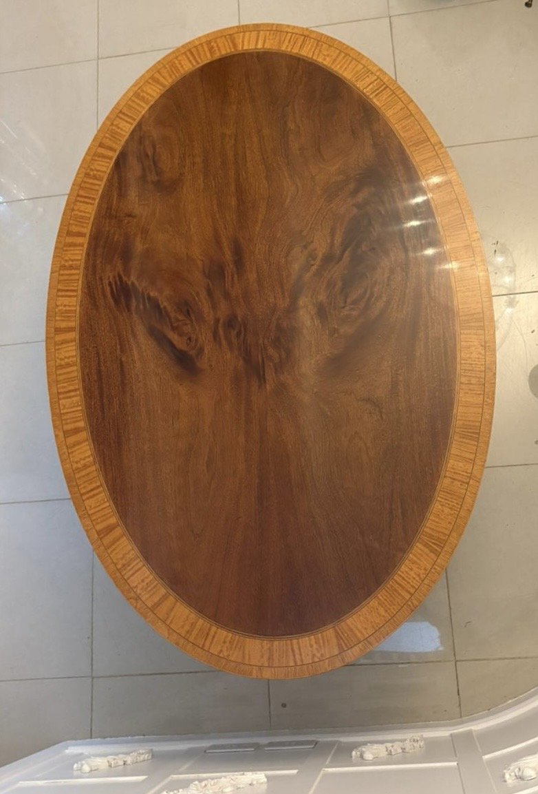 Antique Regency Style Figured Mahogany Oval Dining Table Satinwood Crossbanded 8 Seater - Image 7