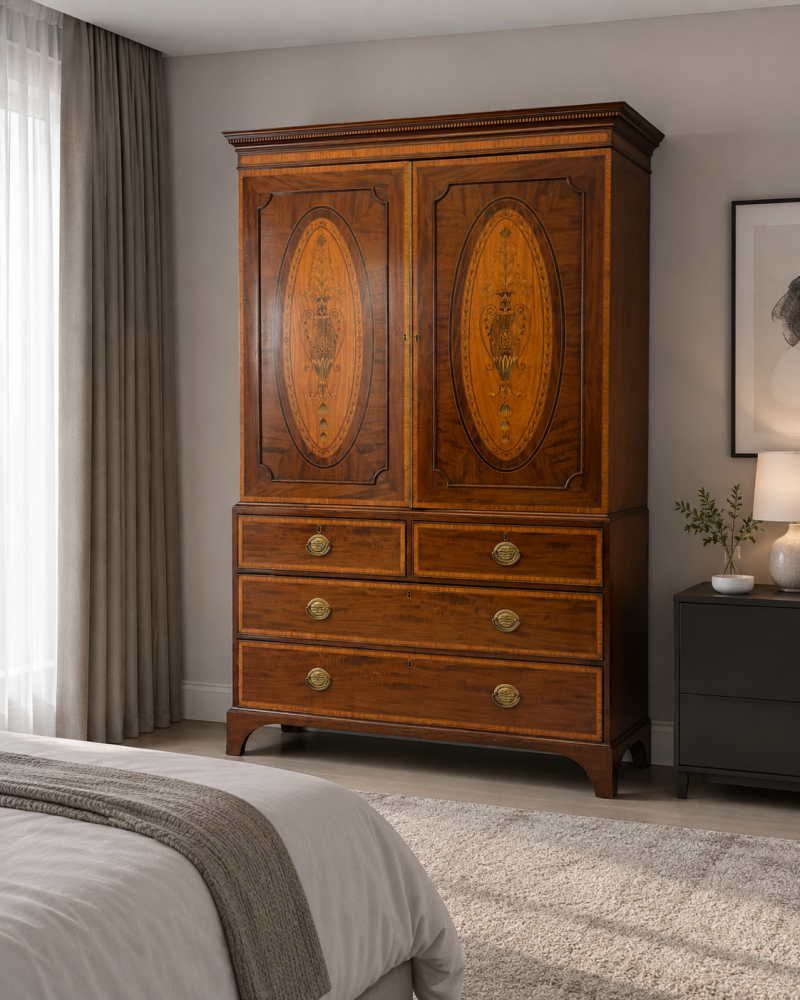 Antique Georgian Mahogany Satinwood Inlaid Linen Press Housekeepers Wardrobe - Image 14