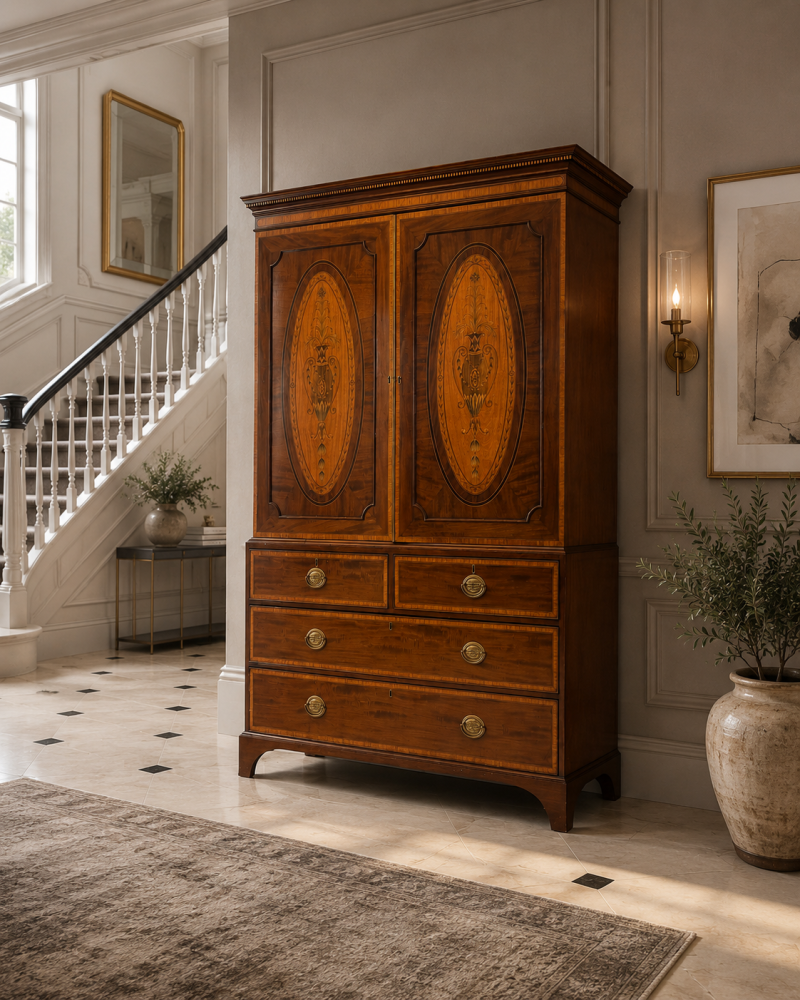 Antique Georgian Mahogany Satinwood Inlaid Linen Press Housekeepers Wardrobe - Image 2