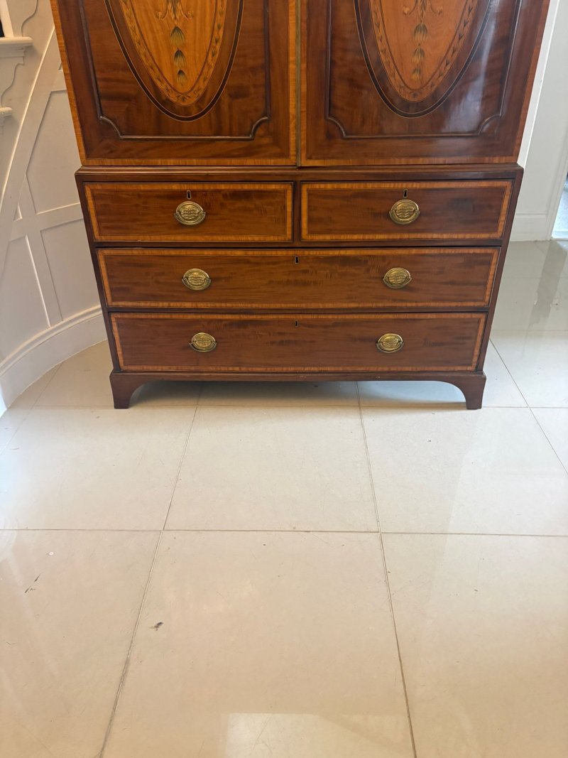 Antique Georgian Mahogany Satinwood Inlaid Linen Press Housekeepers Wardrobe - Image 4