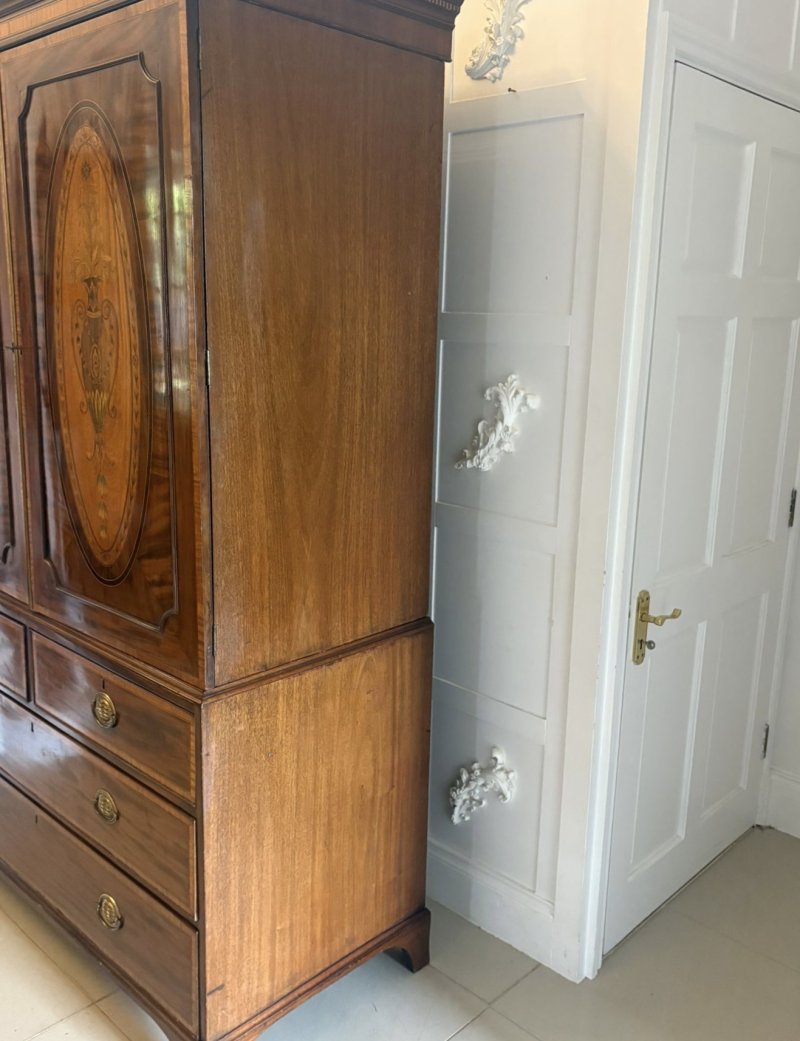Antique Georgian Mahogany Satinwood Inlaid Linen Press Housekeepers Wardrobe - Image 6