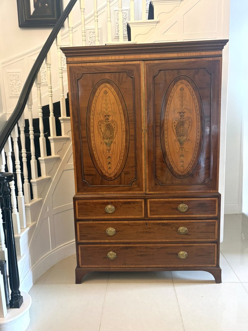 Antique Georgian Mahogany Satinwood Inlaid Linen Press Housekeepers Wardrobe