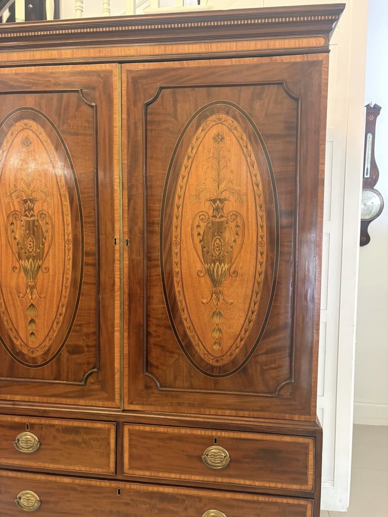 Antique Georgian Mahogany Satinwood Inlaid Linen Press Housekeepers Wardrobe - Image 11