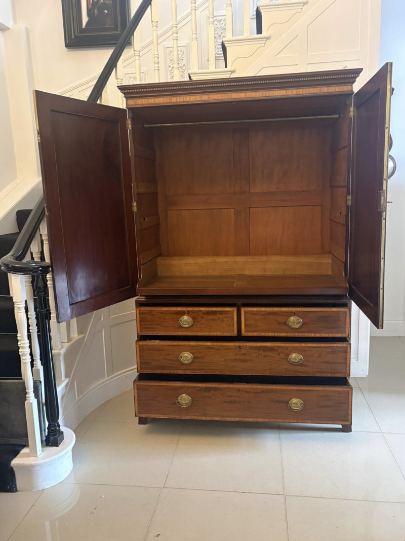 Antique Georgian Mahogany Satinwood Inlaid Linen Press Housekeepers Wardrobe - Image 3