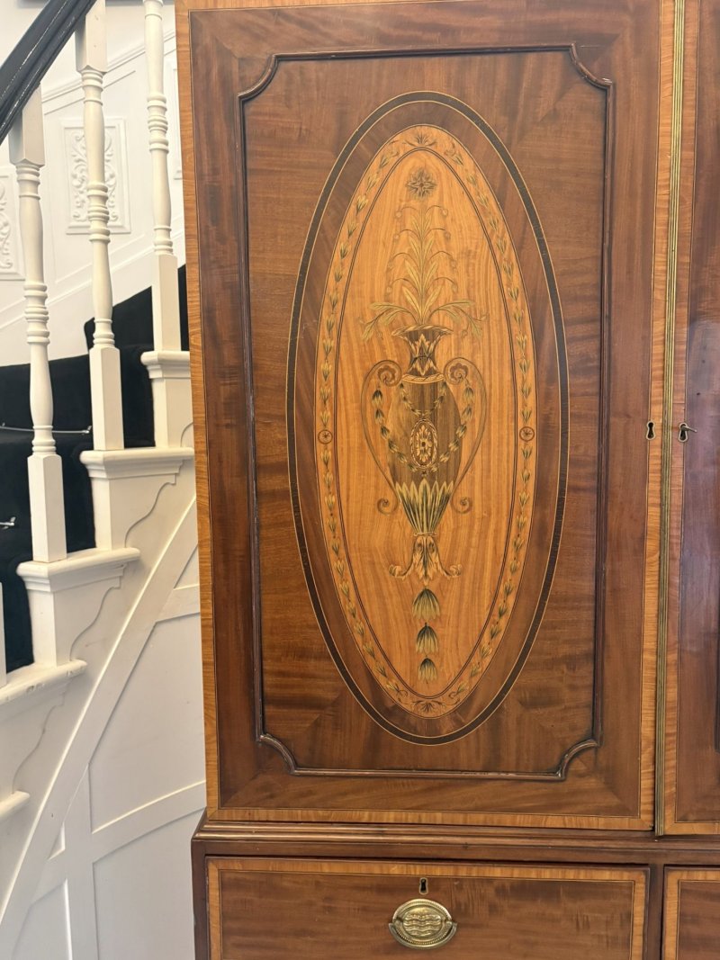 Antique Georgian Mahogany Satinwood Inlaid Linen Press Housekeepers Wardrobe - Image 12