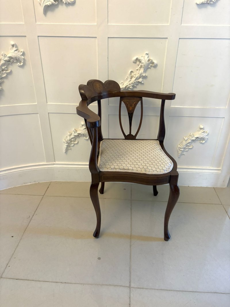 Antique Edwardian Inlaid Mahogany Corner Chairs Set of 4 Occasional Salon Chairs - Image 6