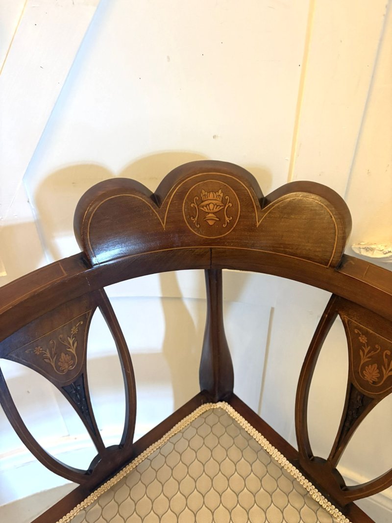 Antique Edwardian Inlaid Mahogany Corner Chairs Set of 4 Occasional Salon Chairs - Image 9