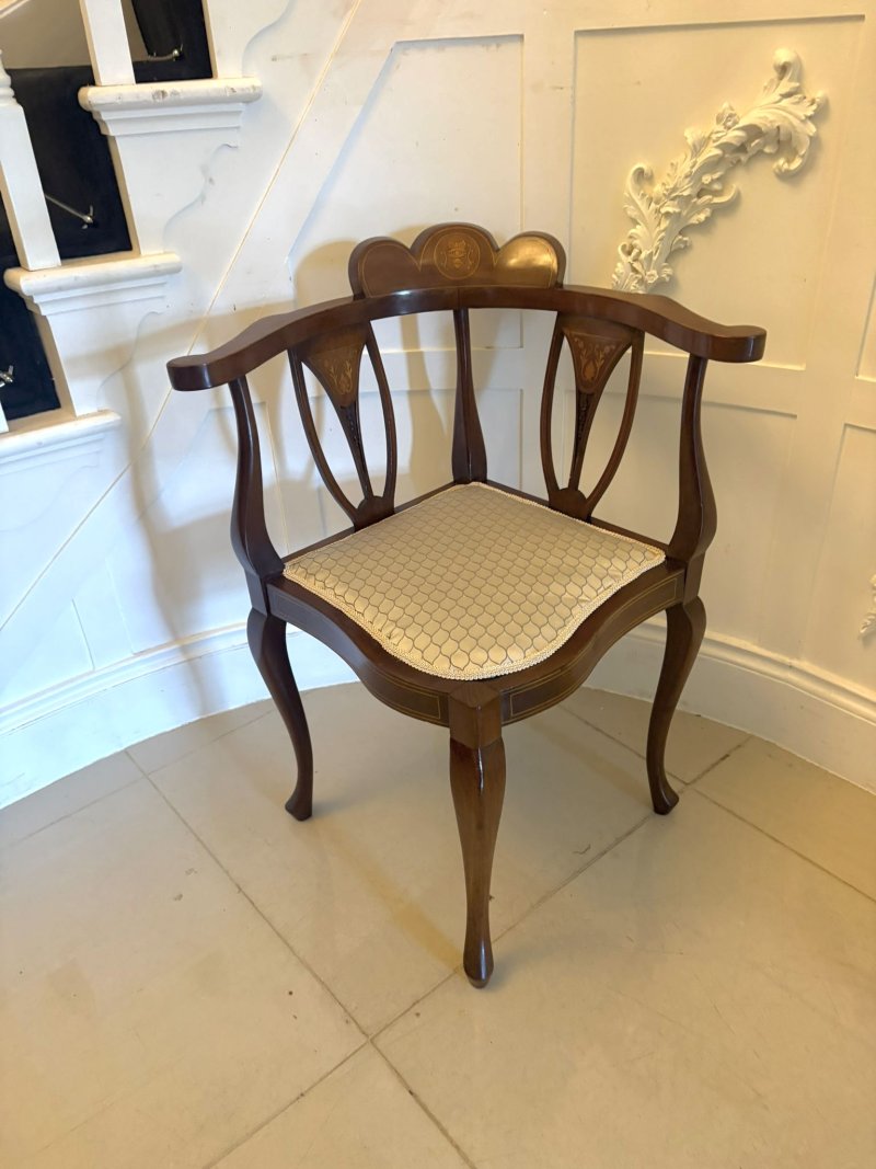 Antique Edwardian Inlaid Mahogany Corner Chairs Set of 4 Occasional Salon Chairs - Image 8