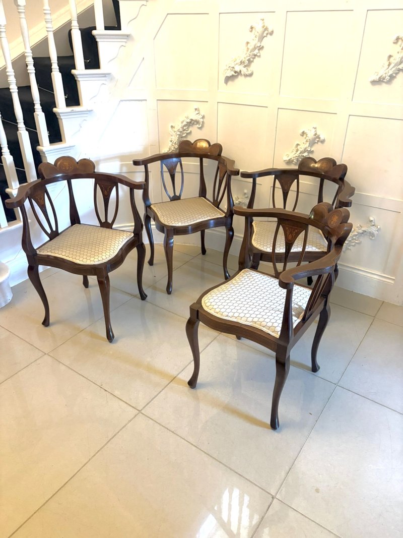 Antique Edwardian Inlaid Mahogany Corner Chairs Set of 4 Occasional Salon Chairs - Image 3
