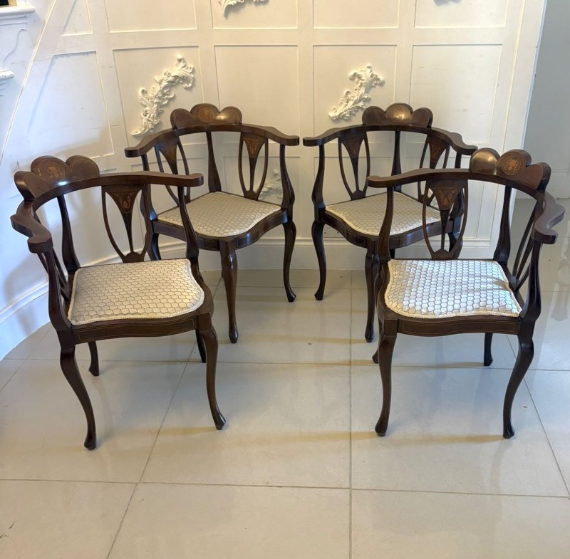 Antique Edwardian Inlaid Mahogany Corner Chairs Set of 4 Occasional Salon Chairs