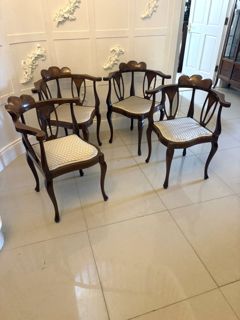 Antique Edwardian Inlaid Mahogany Corner Chairs Set of 4 Occasional Salon Chairs - Image 4