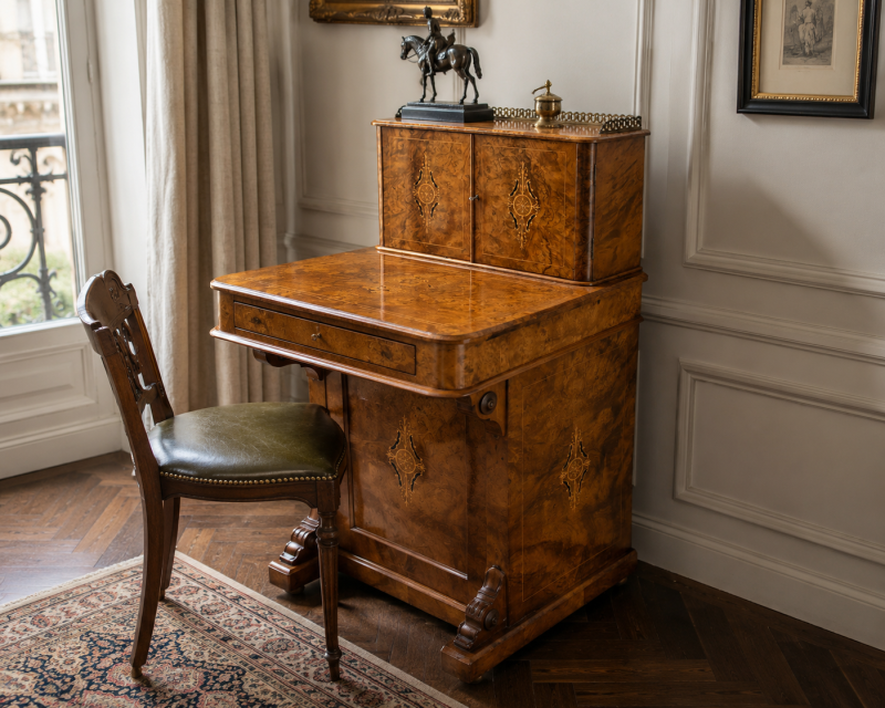 Antique Victorian Burr Walnut Davenport Desk Writing Table Stationery Cabinet - Image 2