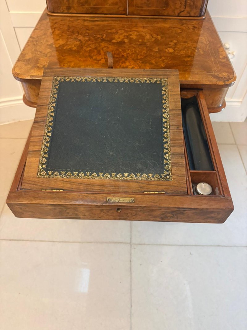 Antique Victorian Burr Walnut Davenport Desk Writing Table Stationery Cabinet - Image 9