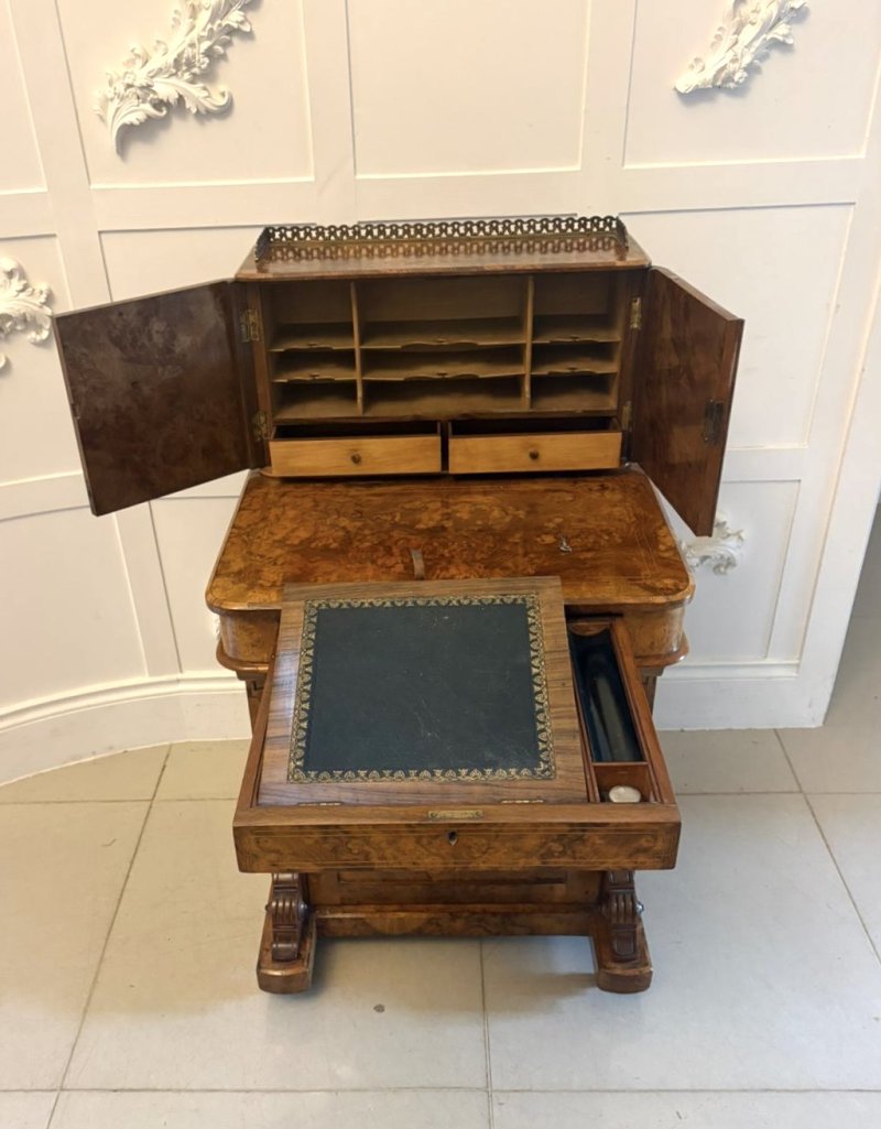 Antique Victorian Burr Walnut Davenport Desk Writing Table Stationery Cabinet - Image 4