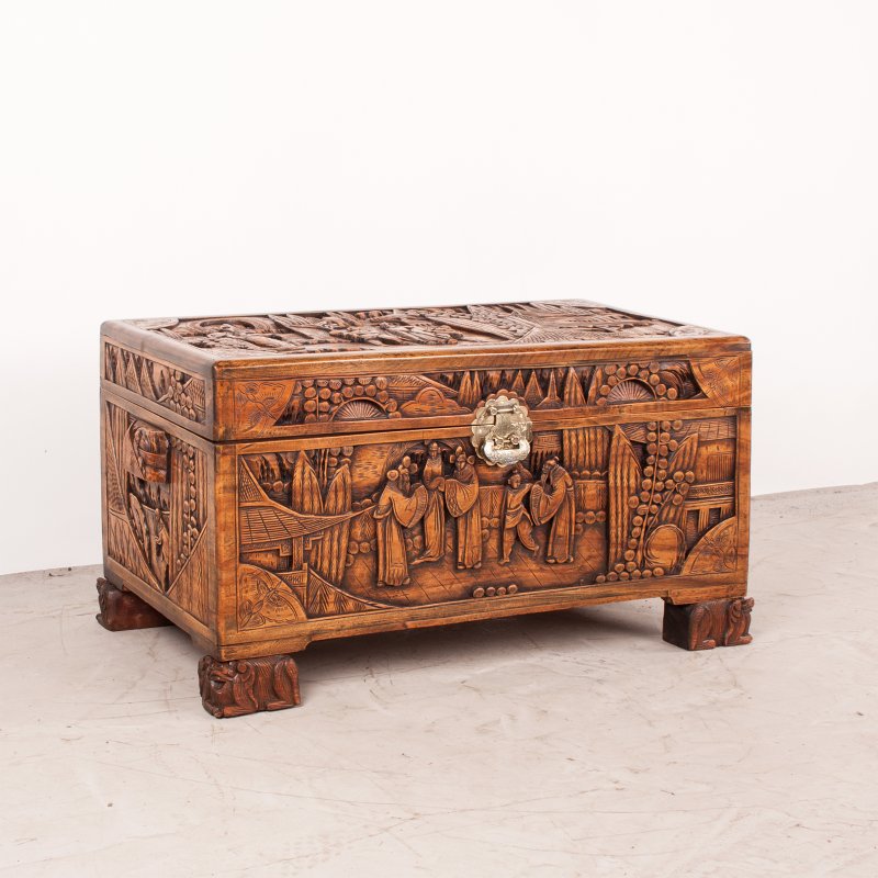 Richly Carved Oriental Camphorwood Trunk