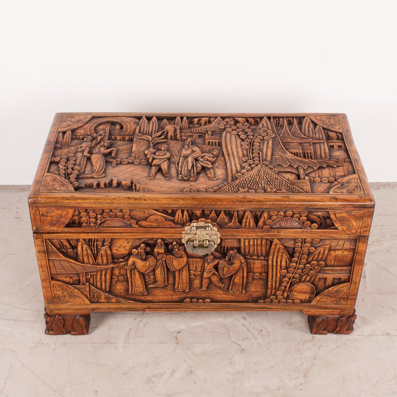 Richly Carved Oriental Camphorwood Trunk - Image 3