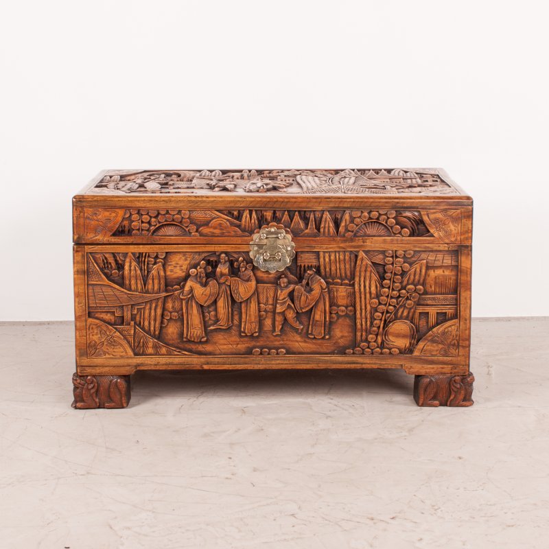 Richly Carved Oriental Camphorwood Trunk - Image 2