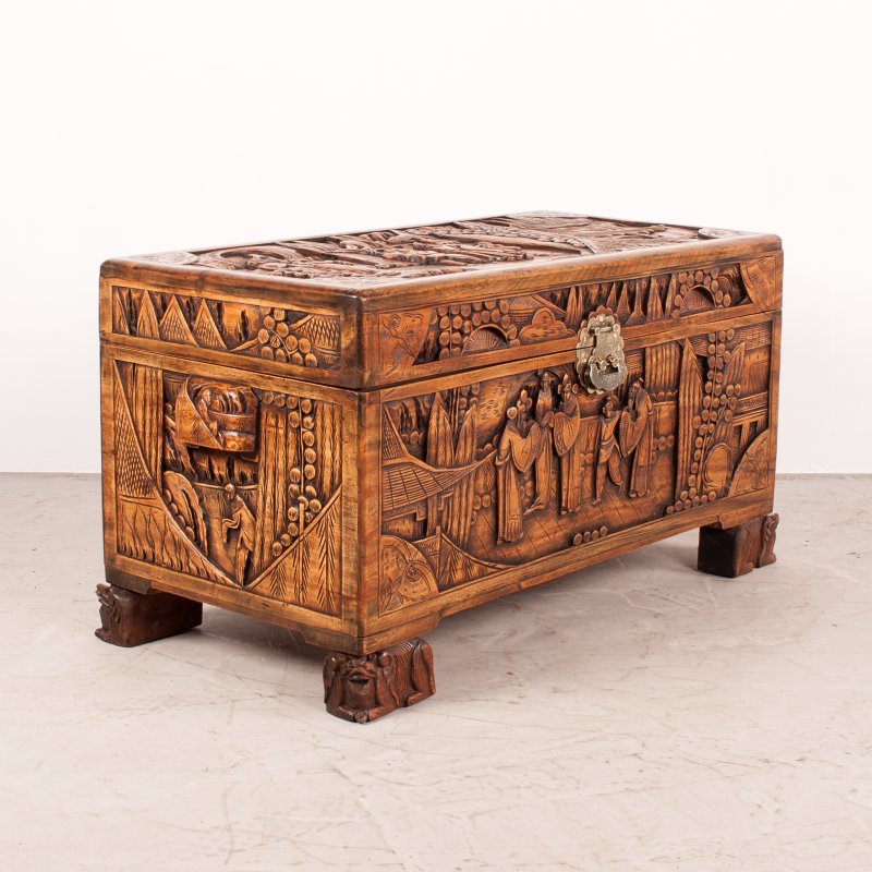 Richly Carved Oriental Camphorwood Trunk - Image 9