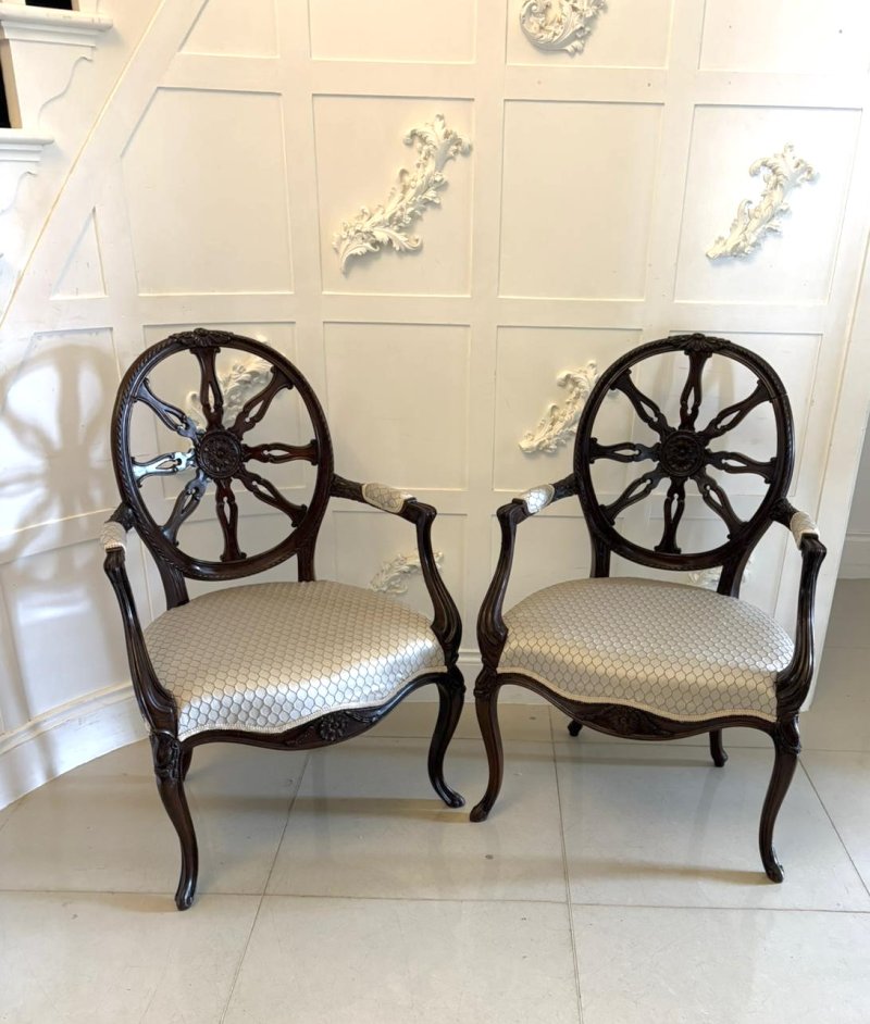 Antique Pair of Victorian Carved Mahogany Spider Web Back Desk Chairs