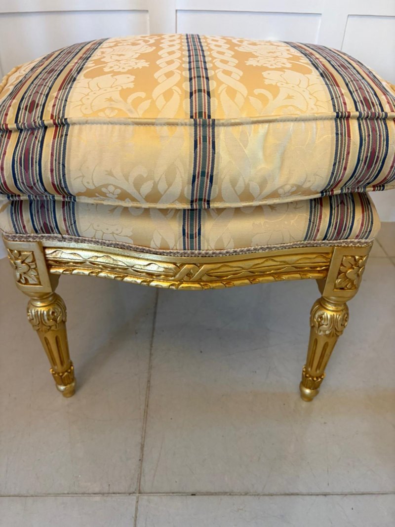 Antique Pair Carved Giltwood Stools Upholstered Footstools French Style - Image 11