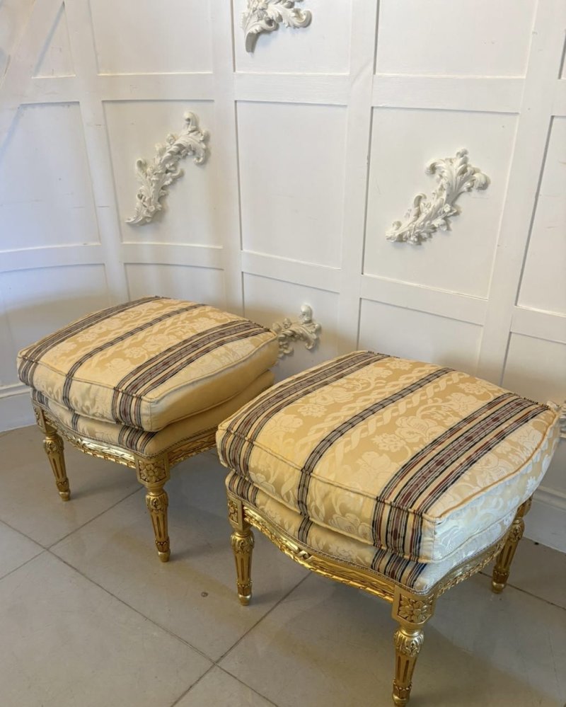 Antique Pair Carved Giltwood Stools Upholstered Footstools French Style