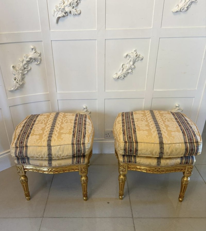 Antique Pair Carved Giltwood Stools Upholstered Footstools French Style - Image 3