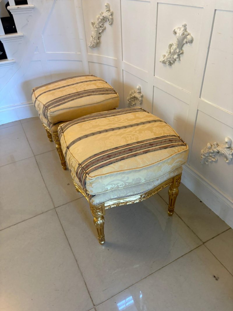 Antique Pair Carved Giltwood Stools Upholstered Footstools French Style - Image 4