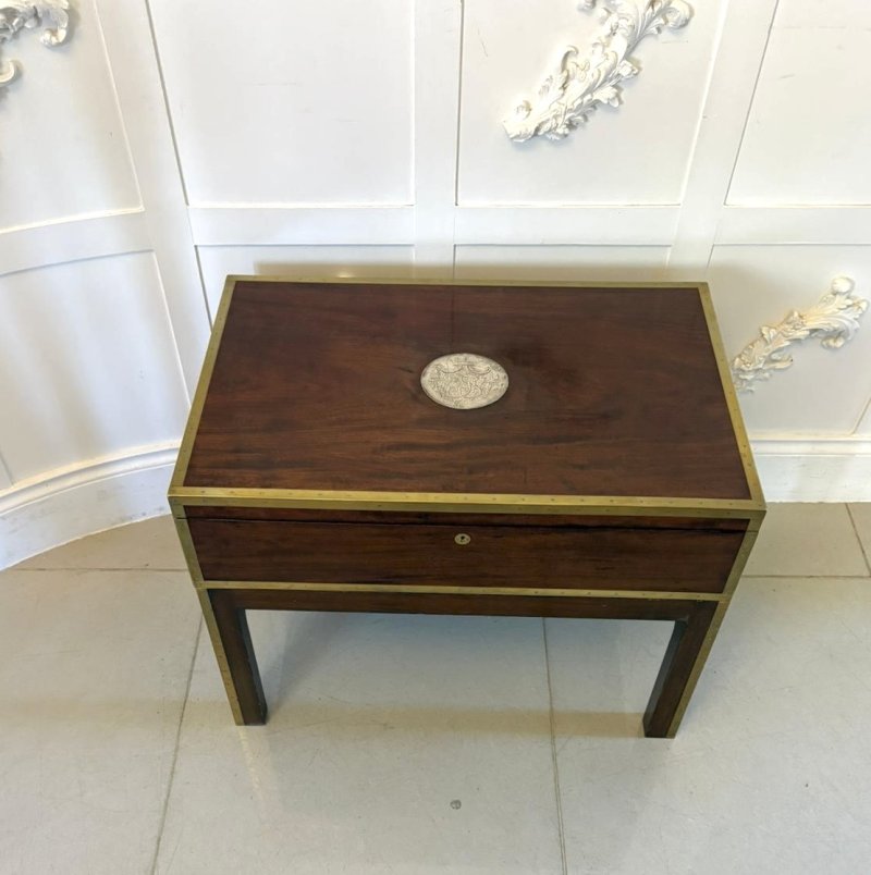 Antique Victorian Campaign Officer’s Brass Bound Mahogany Chest Coffee Table - Image 3