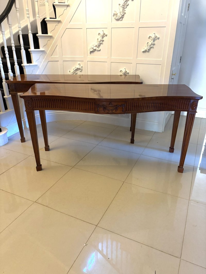 Antique Mahogany Pair of Serpentine Serving Console Tables With Neoclassical Carving - Image 3