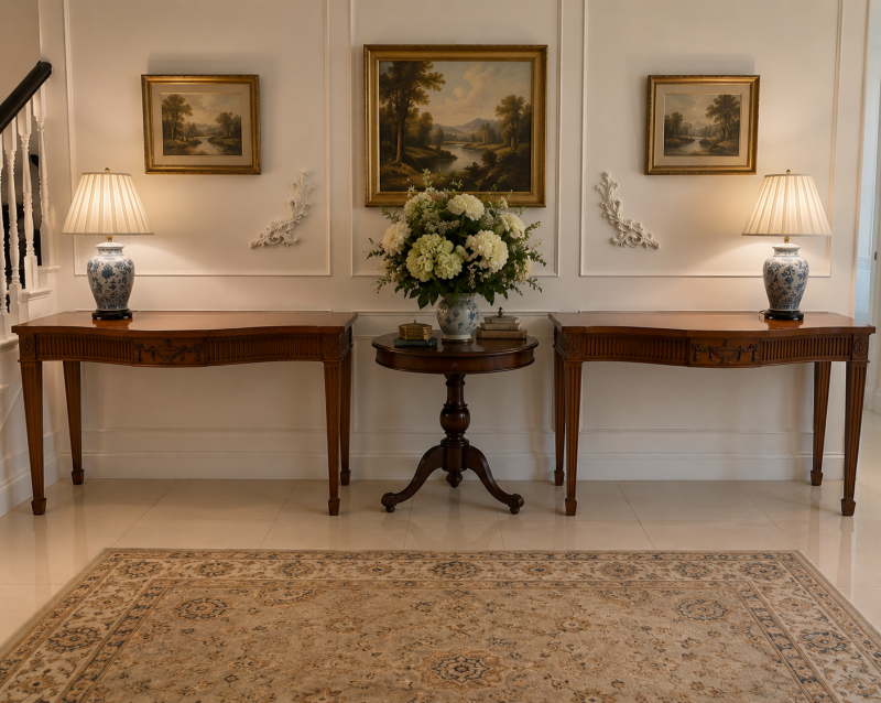 Antique Mahogany Pair of Serpentine Serving Console Tables With Neoclassical Carving - Image 2