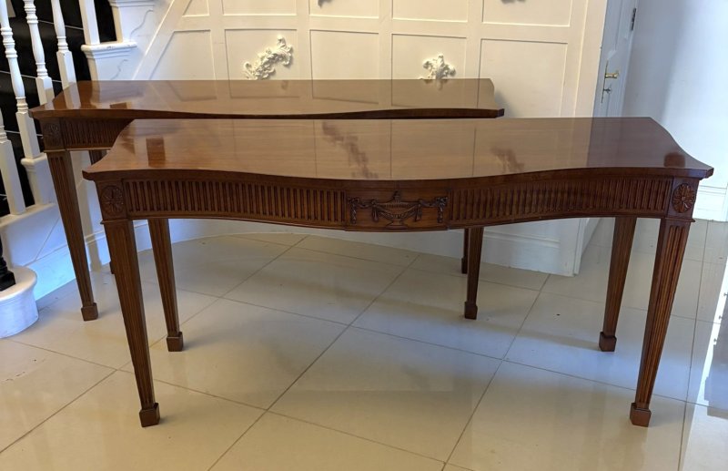 Antique Mahogany Pair of Serpentine Serving Console Tables With Neoclassical Carving