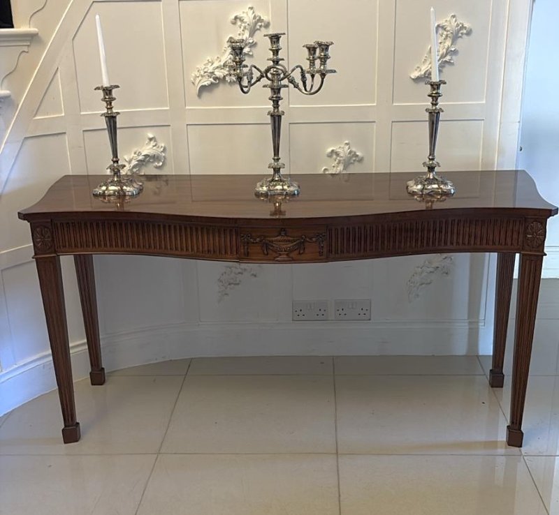 Antique Mahogany Pair of Serpentine Serving Console Tables With Neoclassical Carving - Image 12