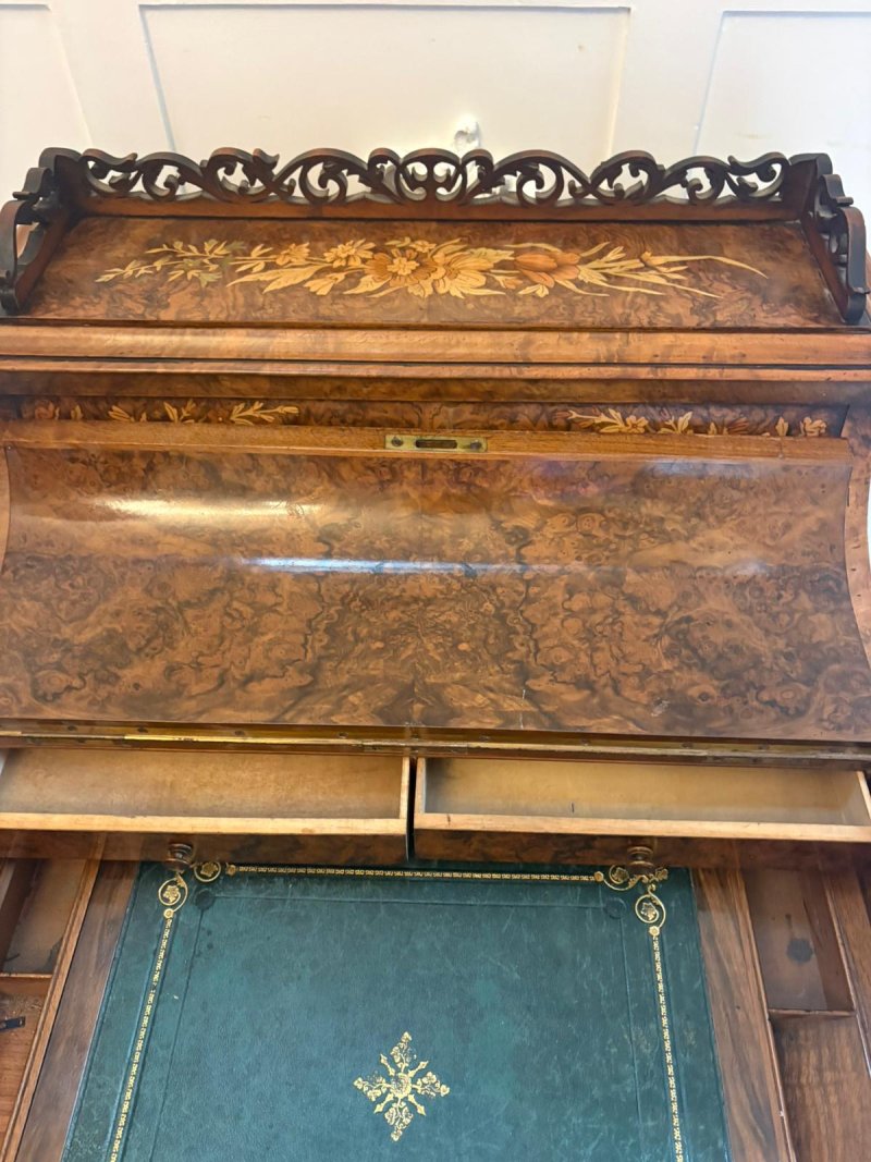 Antique Victorian Burr Walnut Floral Marquetry Piano Top Davenport Desk - Image 13