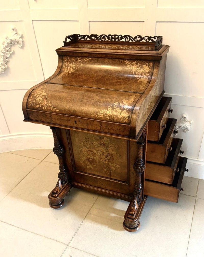 Antique Victorian Burr Walnut Floral Marquetry Piano Top Davenport Desk - Image 8