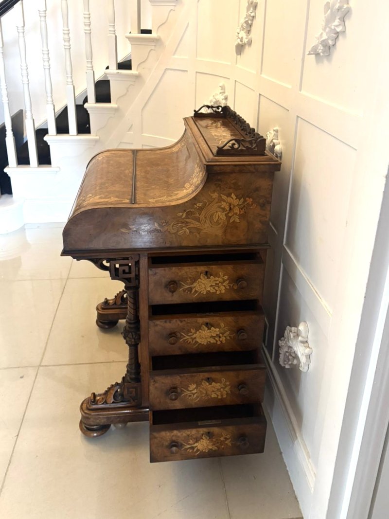 Antique Victorian Burr Walnut Floral Marquetry Piano Top Davenport Desk - Image 4