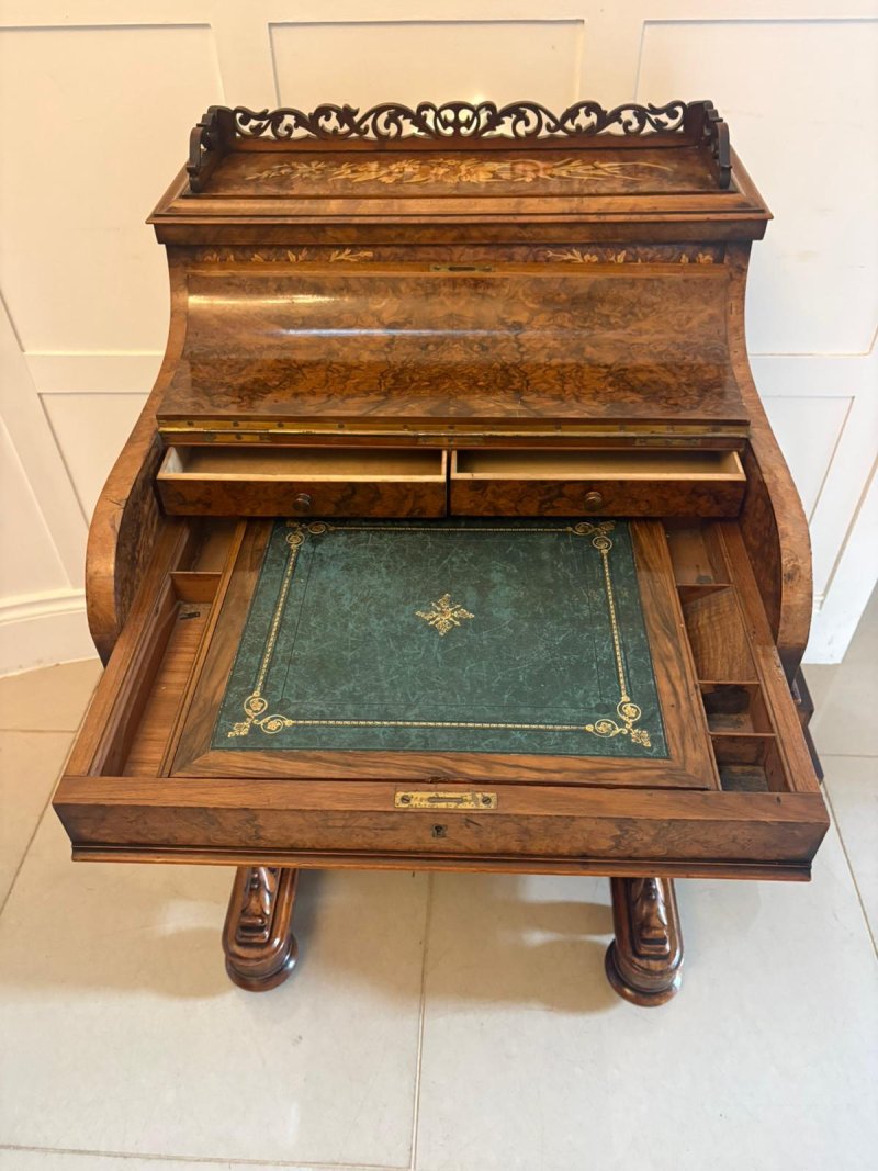 Antique Victorian Burr Walnut Floral Marquetry Piano Top Davenport Desk - Image 12