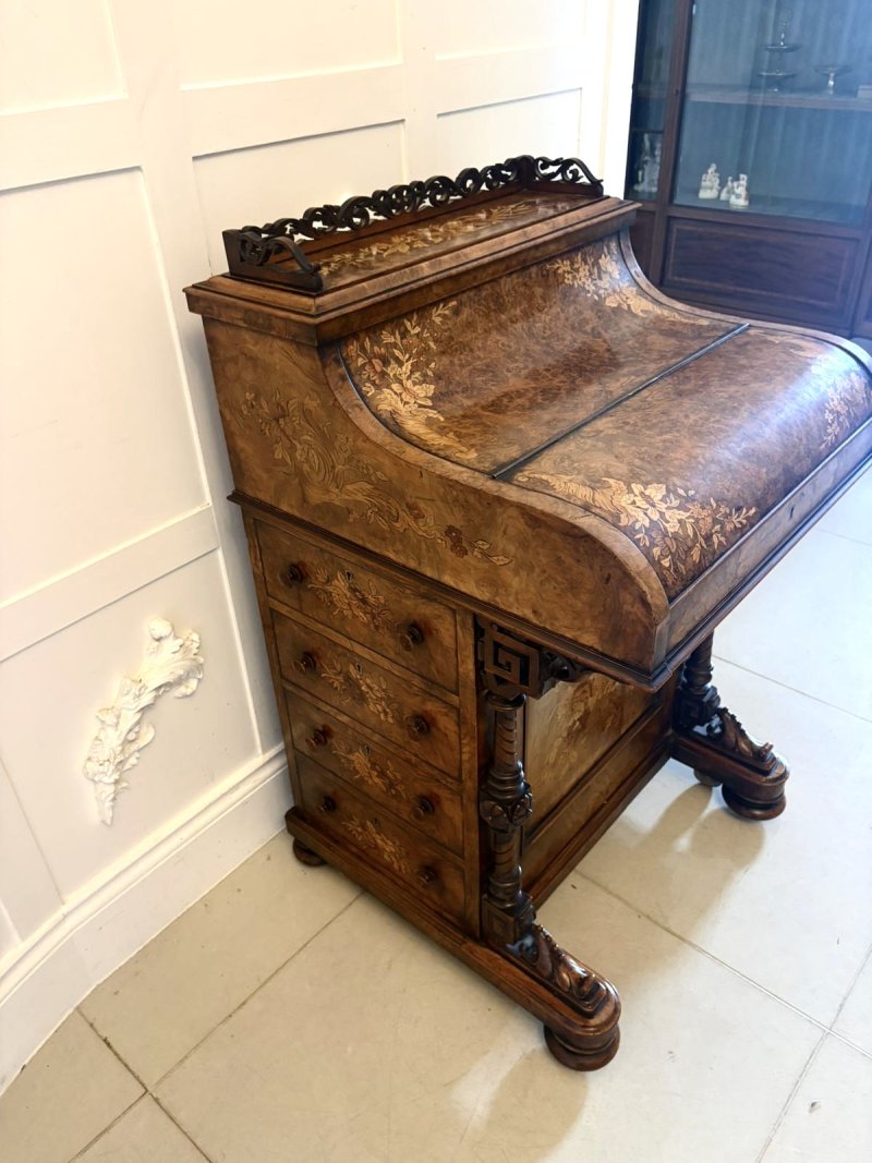 Antique Victorian Burr Walnut Floral Marquetry Piano Top Davenport Desk - Image 3