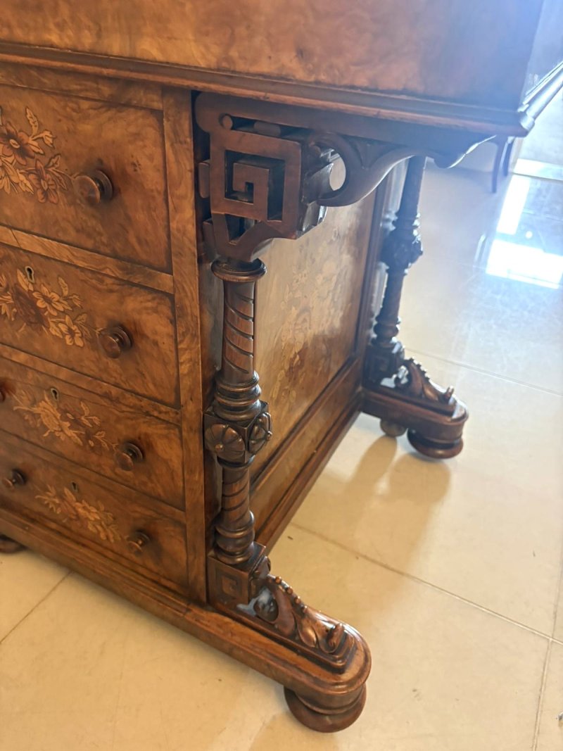 Antique Victorian Burr Walnut Floral Marquetry Piano Top Davenport Desk - Image 11
