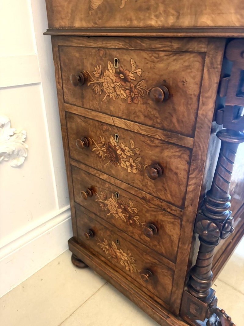 Antique Victorian Burr Walnut Floral Marquetry Piano Top Davenport Desk - Image 14